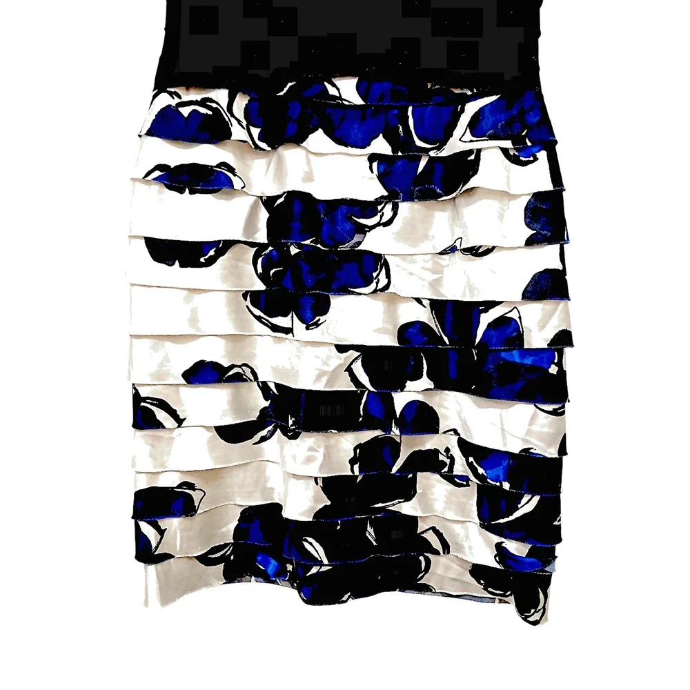 Jones Wear Satin Tiered Coctail Mini Dress Size 6 White Blue Floral‎ Sleeveless